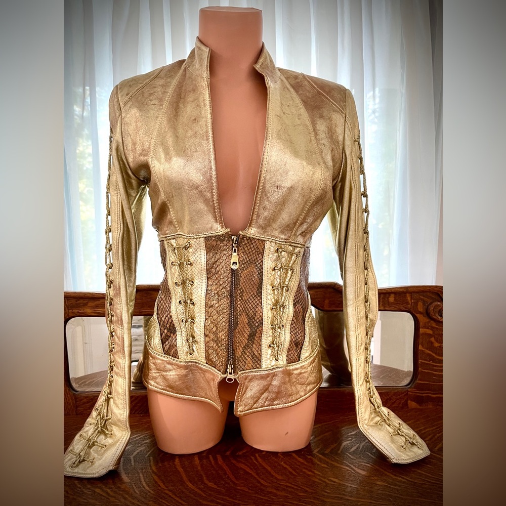 Designer GIZIA Gold Brown Genuine Lamb & Snake Leather Jacket - Sz 38 US Small
